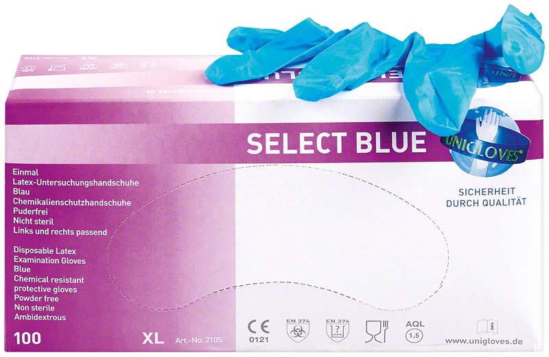 SELECT BLUE Latex Untersuchungshandschuhe, puderfrei, 100 Stk, blau, XL