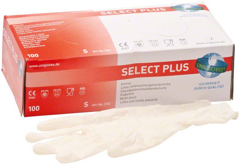SELECT PLUS Latex Untersuchungshandschuhe, puderfrei, 100 Stk, weiß, S