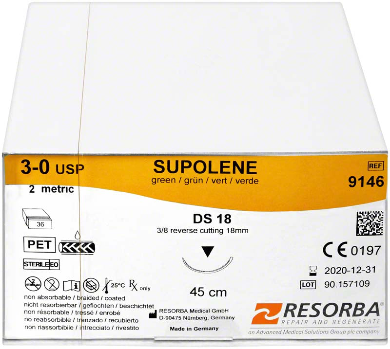 RESORBA® Supolene, grün, 12 Stk, 45 cm, USP 4/0, HRT18
