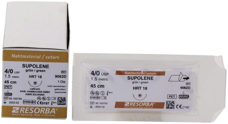 RESORBA® Supolene, grün, 12 Stk, 45 cm, USP 4/0, HRT18