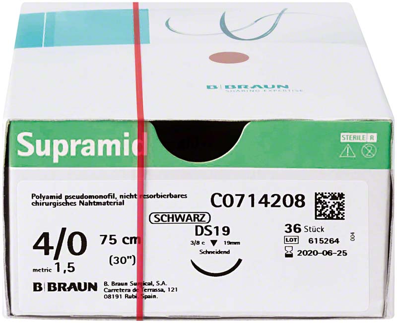Supramid®, schwarz, 36 Stk, 75 cm, USP 4/0, DS 19
