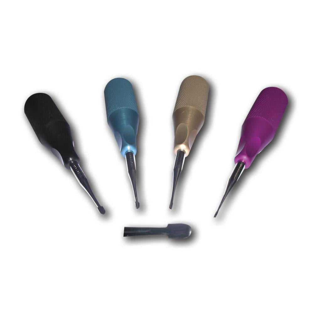 Zahnhebel mit Komfortgriff, breite Flügel, im Satz in Edelstahlbox, 4 Stück (je 1 x violett, gold, blau und schwarz)