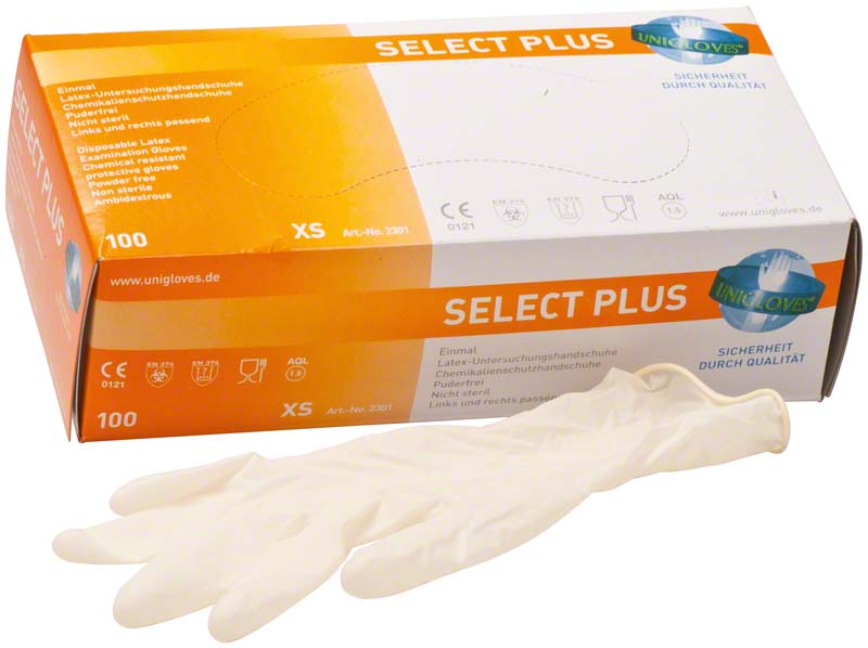 SELECT PLUS Latex Untersuchungshandschuhe, puderfrei, 100 Stk, weiß, XS