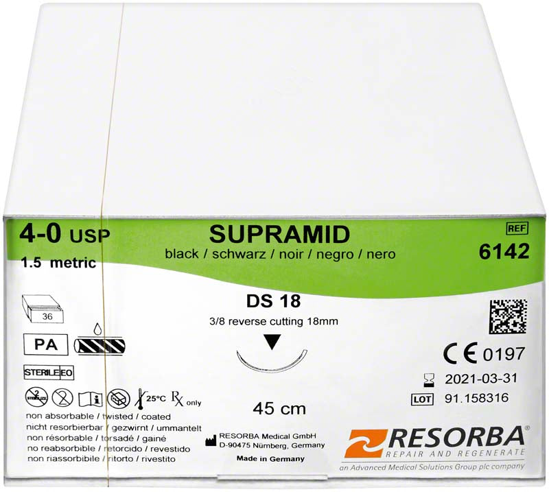 RESORBA Supramid, schwarz, 36 Stk, 45 cm, USP 4/0, DS18