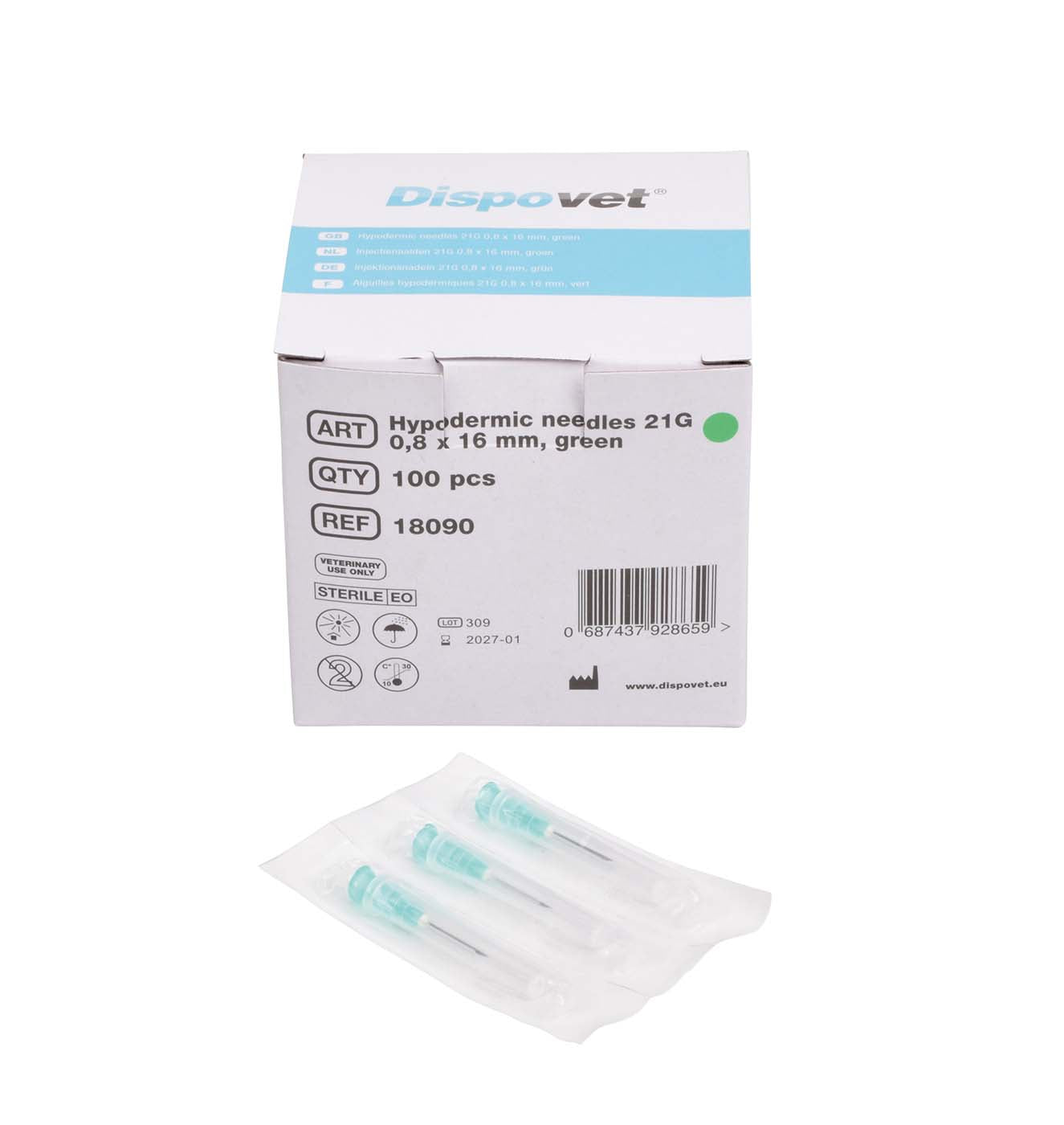 Dispovet® Einmalkanüle 21G, 0,8x16mm, grün, 100 Stk