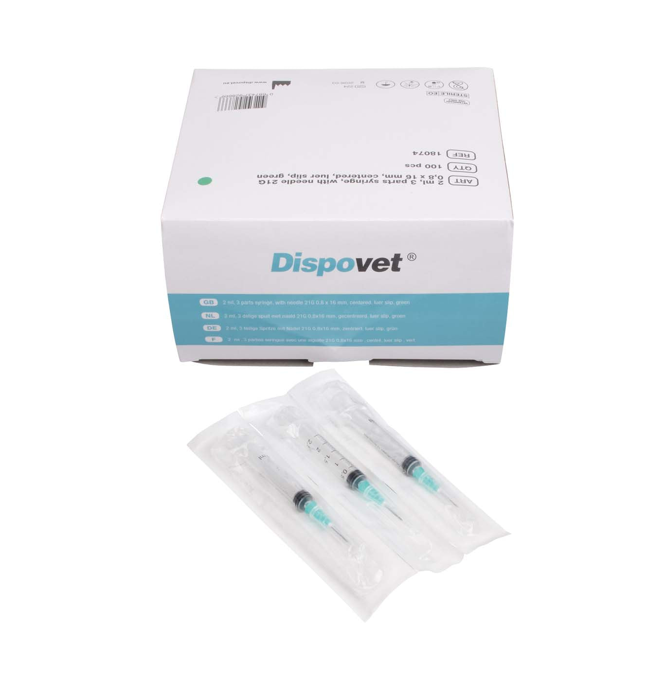 Dispovet® Einmalspritze 3-teilig, 2 ml, mit Nadel G21,100 Stück