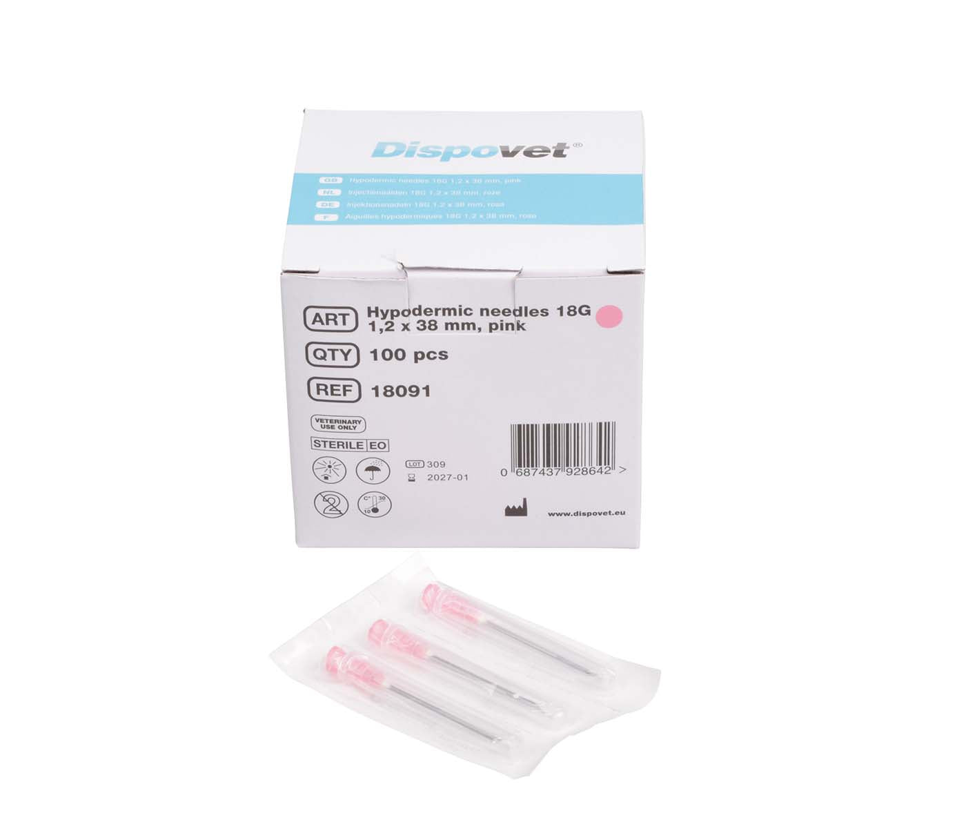 Dispovet® Einmalkanüle 18G, 1,2x38mm, rosa, 100 Stk