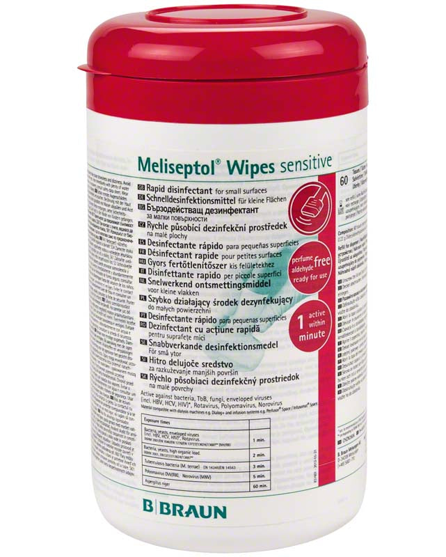 Meliseptol® Wipes sensitive, Flächendesinfektionstücher Dose mit 60x 15,2x20 cm