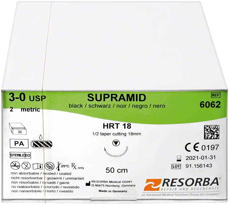RESORBA Supramid, schwarz, 36 Stk, 50 cm, USP 3/0, HRT18